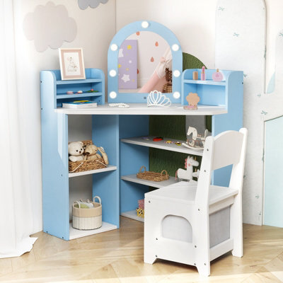 Costway Corner Kids Vanity Set With Lights Dressing Table & Chair For Children-Blue - image 1