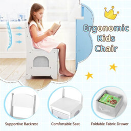 Costway Corner Kids Vanity Set With Lights Dressing Table & Chair For Children-Blue - thumbnail 4