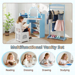 Costway Corner Kids Vanity Set With Lights Dressing Table & Chair For Children-Blue - thumbnail 5