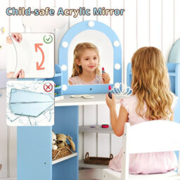 Costway Corner Kids Vanity Set With Lights Dressing Table & Chair For Children-Blue - thumbnail 3