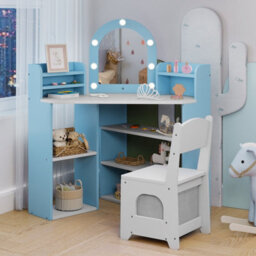 Costway Corner Kids Vanity Set With Lights Dressing Table & Chair For Children-Blue - thumbnail 6