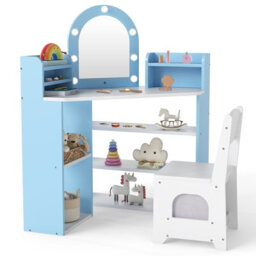 Costway Corner Kids Vanity Set With Lights Dressing Table & Chair For Children-Blue - thumbnail 2