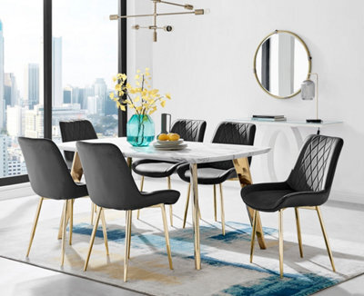 Furniturebox Andria White Marble Effect & Gold Leg Dining Table & 6 Black Pesaro Gold Leg Velvet Dining Chairs - image 1