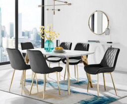 Furniturebox Andria White Marble Effect & Gold Leg Dining Table & 6 Black Pesaro Gold Leg Velvet Dining Chairs