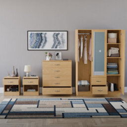 Lassic Vida Designs Riano 4 Piece Bedroom Set (1 Drawer Bedside Chest, 5 Drawer Chest, 3 Door 2 Drawer Mirrored Wardrobe), Pine - thumbnail 2