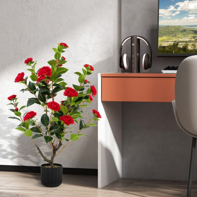 Costway Artificial Camellia Tree Faux Flower Plant Artificial Tree In Cement Pot Greenery Potted Plant Free Maintenance - image 1