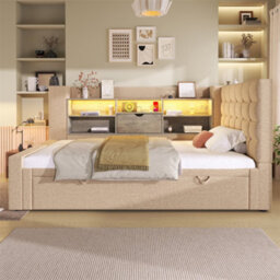 Abrihome Daybed Upholstered Bed 90 X 190 Cm, 3Ft Single Sofa Bed With Storage, Usb &type C Charging Station, Pull Out Trundle, Beige - thumbnail 8