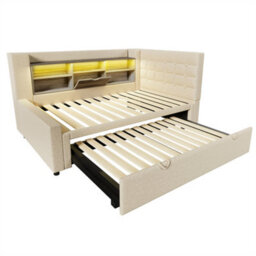Abrihome Daybed Upholstered Bed 90 X 190 Cm, 3Ft Single Sofa Bed With Storage, Usb &type C Charging Station, Pull Out Trundle, Beige - thumbnail 7