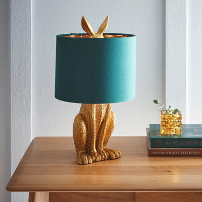 K Living Gold Rabbit Resin Table Lamp With Green Velvet Lined Lamp Shade - image 1