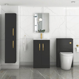 Royal Bathrooms Turin 500mm Floor Standing Vanity Sink Unit Matt Black 2 Door Minimalist Basin With Brushed Brass Handles - thumbnail 4