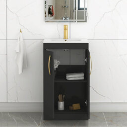 Royal Bathrooms Turin 500mm Floor Standing Vanity Sink Unit Matt Black 2 Door Minimalist Basin With Brushed Brass Handles - thumbnail 5