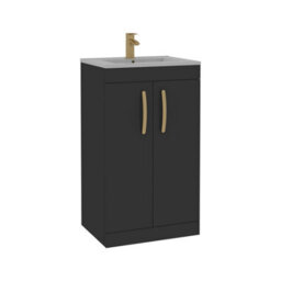 Royal Bathrooms Turin 500mm Floor Standing Vanity Sink Unit Matt Black 2 Door Minimalist Basin With Brushed Brass Handles - thumbnail 6