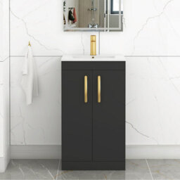 Royal Bathrooms Turin 500mm Floor Standing Vanity Sink Unit Matt Black 2 Door Minimalist Basin With Brushed Brass Handles - thumbnail 1