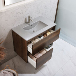 Homestylestore Dark Oak 812mm Wall Hung Bathroom Vanity Unit Led Lit Open Shelf And Pebble Basin - thumbnail 2