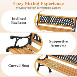 Gainoom 126Cm Black Patio Garden Bench Cast Metal Frame Park Bench W/ Wood Seat - thumbnail 4