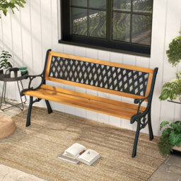 Gainoom 126Cm Black Patio Garden Bench Cast Metal Frame Park Bench W/ Wood Seat - thumbnail 1