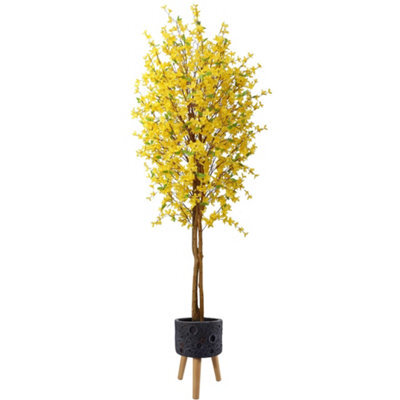 Pegdev - Pdl - 150Cm Artificial Forsythia Tree With Yellow Silk Blossoms And Natural Wood Trunk In Large Lunar Black Planter - image 1
