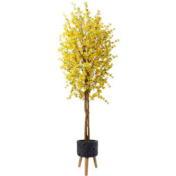 Pegdev - Pdl - 150Cm Artificial Forsythia Tree With Yellow Silk Blossoms And Natural Wood Trunk In Large Lunar Black Planter - thumbnail 1