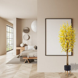 Pegdev - Pdl - 150Cm Artificial Forsythia Tree With Yellow Silk Blossoms And Natural Wood Trunk In Large Lunar Black Planter - thumbnail 3