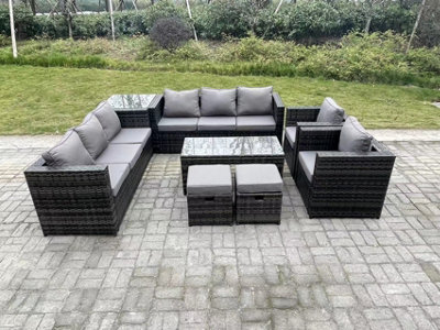 Fimous Outdoor Rattan Garden Furniture Lounge Sofa Set With Oblong Rectagular Coffee Table Side Coffee Table 2 Stools - image 1