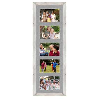 AK Frames 26X8 White Rustic Modern Multi Photo Frame With Silver Mount - Holds 5 Apertures (5X) 6X4 Photos - image 1