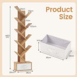 Costway 10-Tier Tree Bookshelf Floor Standing Corner Display Rack With Removable Fabric Drawer-Natural - thumbnail 2