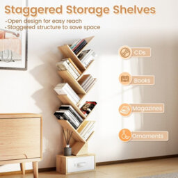 Costway 10-Tier Tree Bookshelf Floor Standing Corner Display Rack With Removable Fabric Drawer-Natural - thumbnail 4