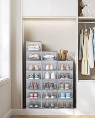 Songmics Stackable Shoe Storage Organizers, 18 Shoe Boxes, Foldable And Multifunctional For Organizing, Transparent And Grey - image 1