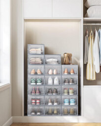 Songmics Stackable Shoe Storage Organizers, 18 Shoe Boxes, Foldable And Multifunctional For Organizing, Transparent And Grey - thumbnail 1