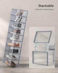 Songmics Stackable Shoe Storage Organizers, 18 Shoe Boxes, Foldable And Multifunctional For Organizing, Transparent And Grey - thumbnail 4