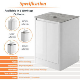 Plum&clay Mayfair Gloss White Freestanding Bathroom Vanity Unit With Grey Marble Countertop (W)650mm (H)745mm - thumbnail 5