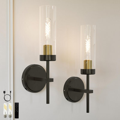 Amorly Set Of 2 Wireless Wall Sconces With Remote Control,dimmable Black Gold Rechargeable Wall Lights For Bedroom Living Room Hallway - image 1