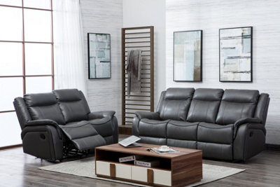 Furnishings For Less UK New Hampshire Grey 2 Piece Leather Aire Reclining Sofa Suite Recliner 3 Seater And 2 Seater - image 1