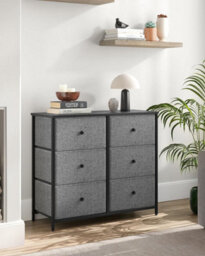 Storage Chest, 6 Fabric Drawers With Sturdy Metal Frame, Organizer Unit, Dresser, Grey And Black With Wood Grain