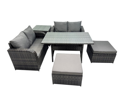 Fimous Wicker Pe Rattan Garden Outdoor Furniture Set Love Sofa Dining Table Sets With Side Table 2 Big Stools Dark Grey Mixed - image 1