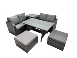 Fimous Wicker Pe Rattan Garden Outdoor Furniture Set Love Sofa Dining Table Sets With Side Table 2 Big Stools Dark Grey Mixed - thumbnail 2