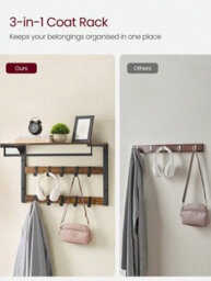 Songmics Vasagle Wall-Mounted Coat Rack, Wall Shelf With 10 Removable Hooks, Clothes Rail, Coat Hooks With Shelf, Rustic Brown And Black - thumbnail 3