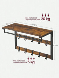 Songmics Vasagle Wall-Mounted Coat Rack, Wall Shelf With 10 Removable Hooks, Clothes Rail, Coat Hooks With Shelf, Rustic Brown And Black - thumbnail 5