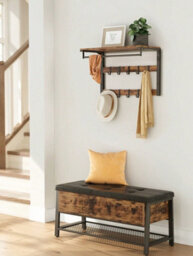 Songmics Vasagle Wall-Mounted Coat Rack, Wall Shelf With 10 Removable Hooks, Clothes Rail, Coat Hooks With Shelf, Rustic Brown And Black