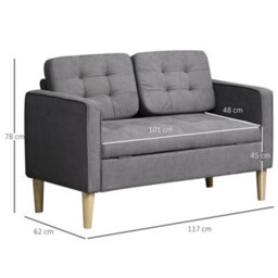 Homcom Compact 2 Seater Sofa With Hidden Storage And Rubberwood Legs Grey - thumbnail 3