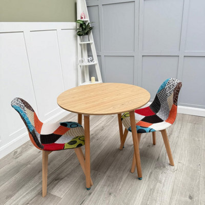 Life Interiors Patchwork Halo Round Dining Set With An Oak Round Dining Table And Set Of 2 Multicolored Fabric Chairs - image 1