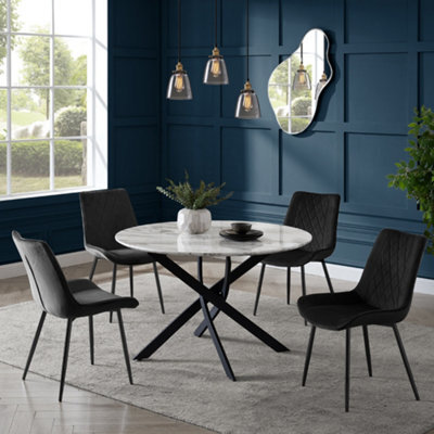Home Detail Modena Marble Effect Dining Table & Black Velvet Almeria Chairs, 4 Seater