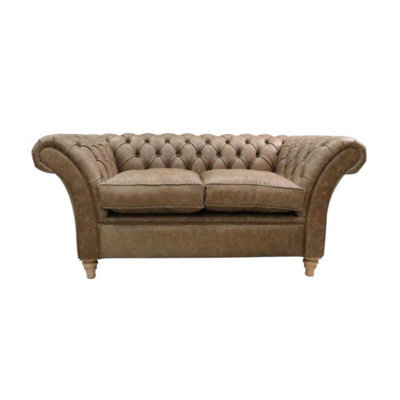 Chesterfield 2 Seater Sofa Settee Cracked Wax Tan Real Leather In Balmoral Style - image 1