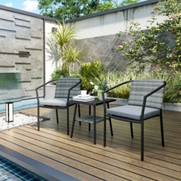 3 Pieces Wicker Garden Furniture Set With Glass Top Coffee Table And Cushions - thumbnail 3