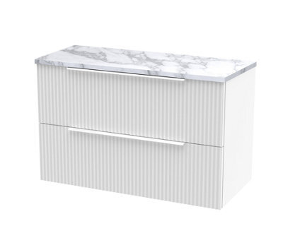Balterley Tixall Fluted 2 Drawer Wall Hung Vanity Unit With Laminate Worktop, Satin White, 800mm - image 1