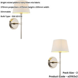 Loops 2 Pack Indoor Bright Nickel Plate Wall Light - Ivory Linen Mix Fabric Shade - Dimmable 6W Led E14 - thumbnail 2