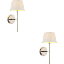 Loops 2 Pack Indoor Bright Nickel Plate Wall Light - Ivory Linen Mix Fabric Shade - Dimmable 6W Led E14