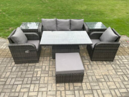 Fimous Wicker Pe Rattan Outdoor Garden Furniture Set Height Adjustable Rising Lifting Dining Table With Armchair - thumbnail 1