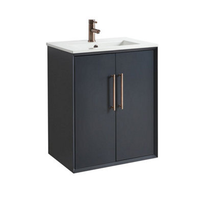Homestylestore Anthracite 610mm Wall Hung Bathroom Vanity Unit With Basin And Aged Bronze T Bar Handle - image 1
