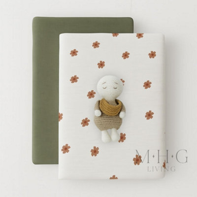 MHG Living 100% Cotton Jersey Fitted Cot Sheet - Soft And Breathable Baby Bedding - Green & Flowers Print - Fits 120X60Cm - image 1